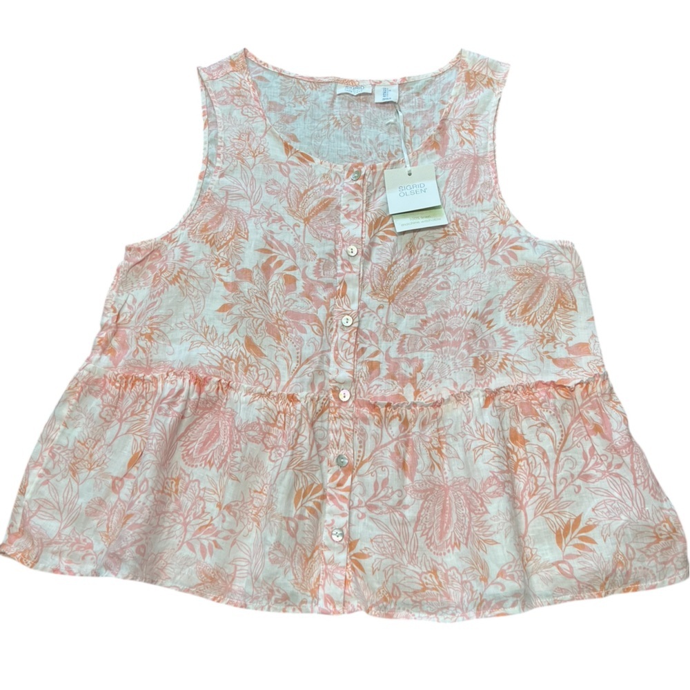 Sigrid Olsen NWT 100% washable linen floral sleeveless button front peplum top